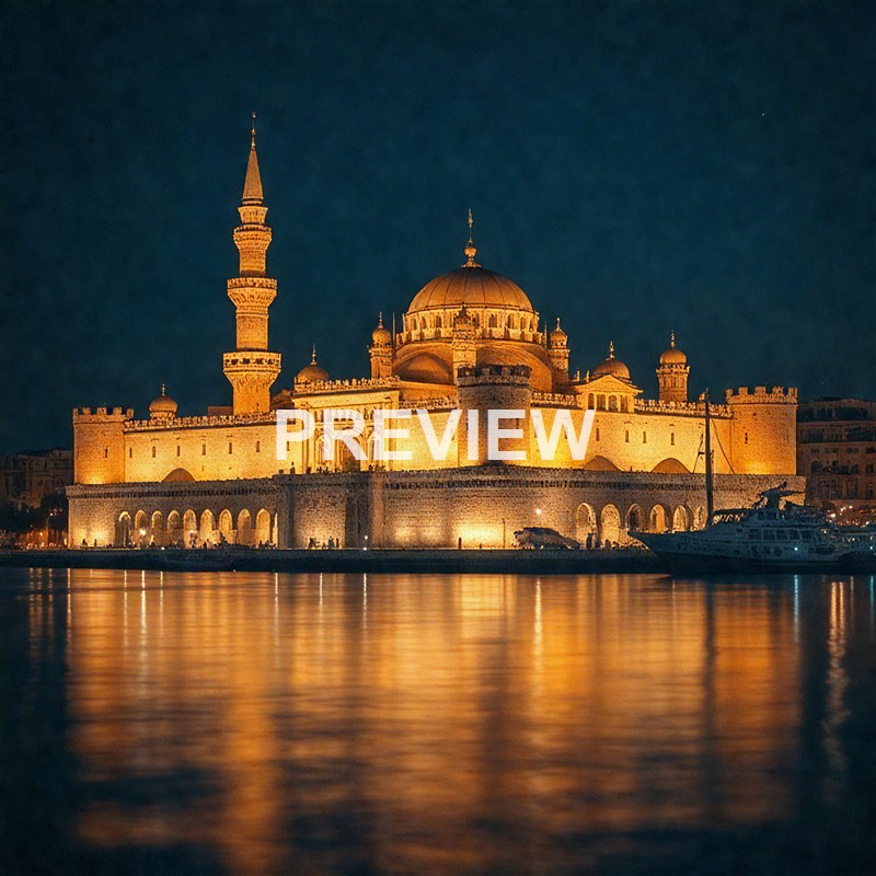 A brightly illuminated historic mosque with a large central dome and minaret, reflected in calm water at night under a dark sky.